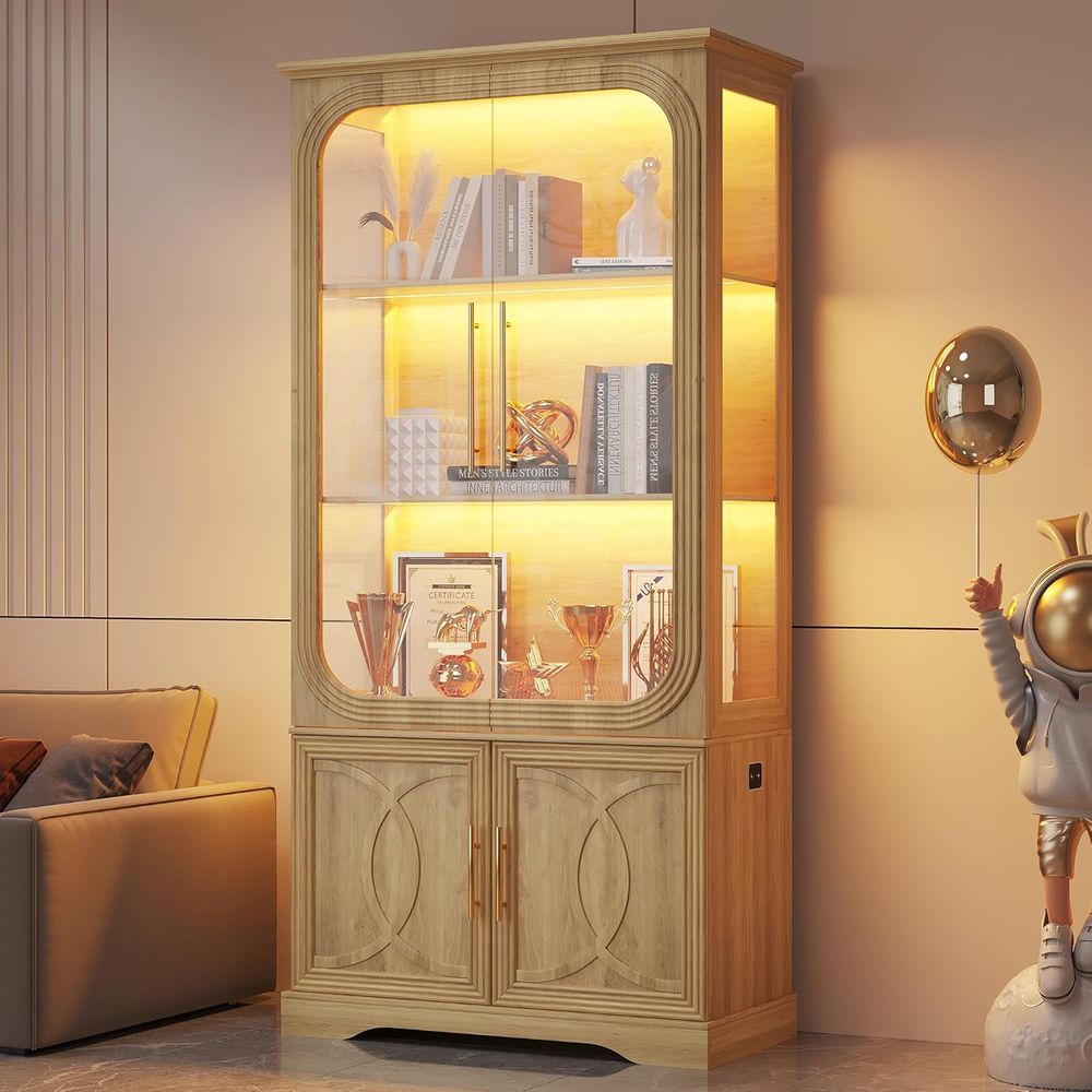 69 Oak 5-Tier LED-Lit Glass Di - Glass Cabinet Display 评论和价格